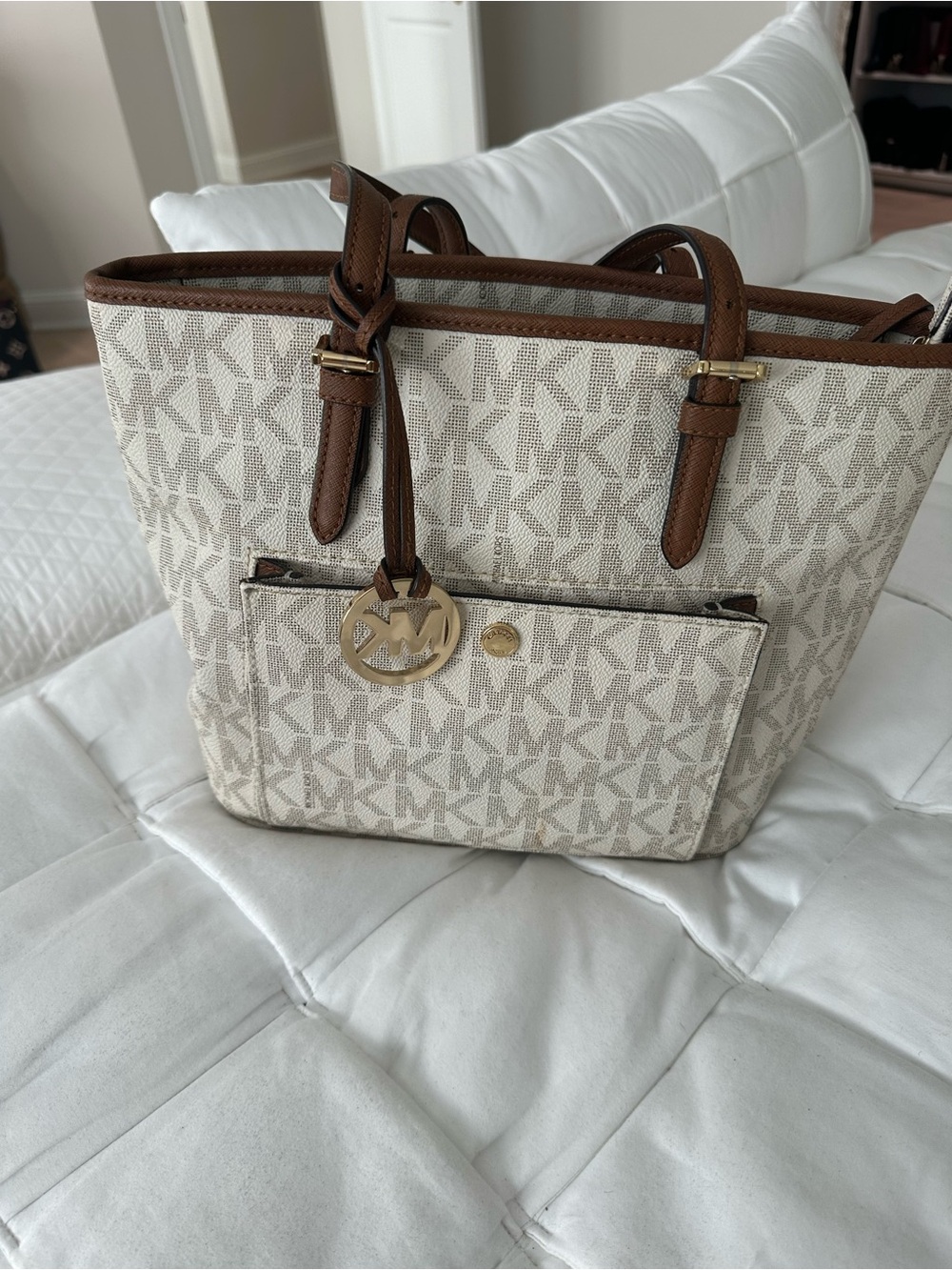 Michael Kors Cream and Brown Signature MK Tote